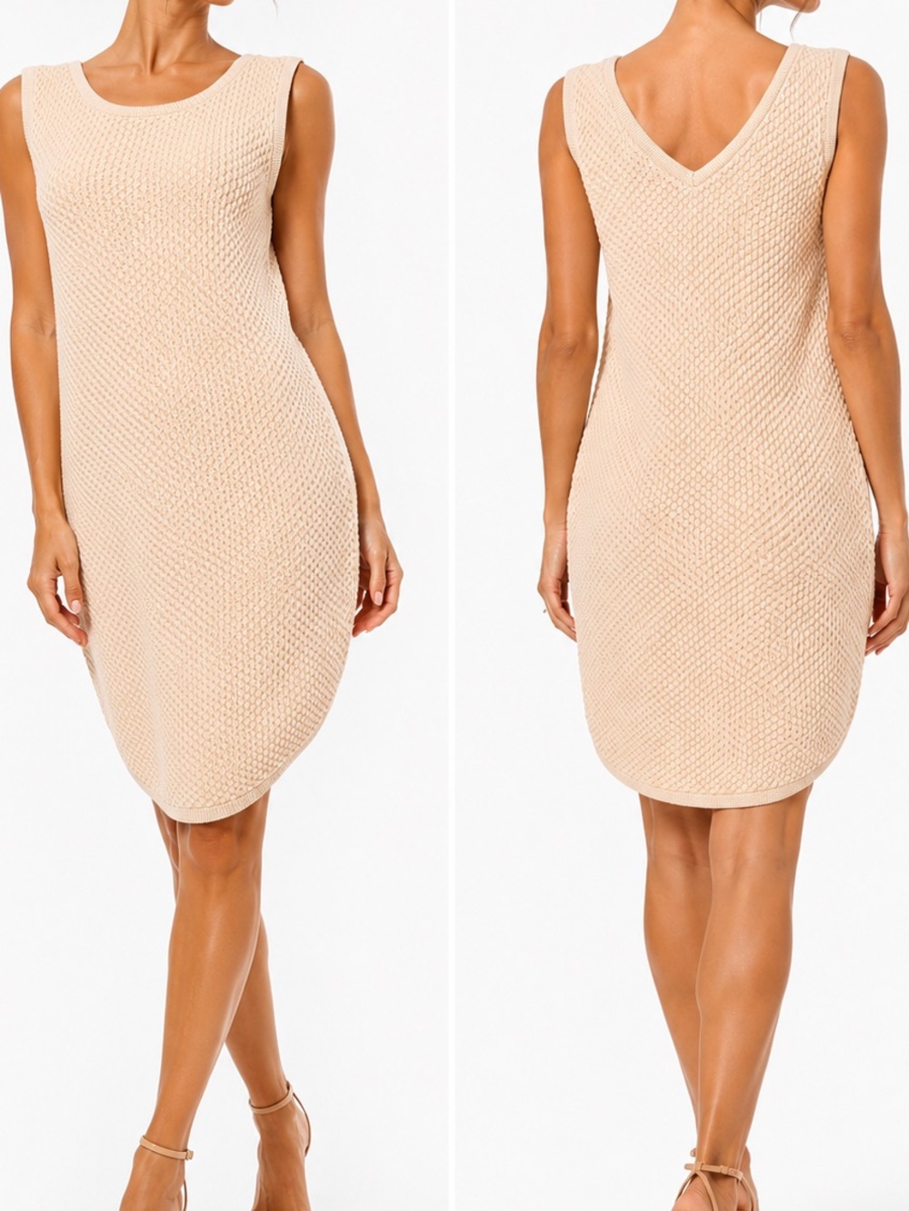 ST. JOHN Cream Textured Knit Sleeveless Shift Sheath Midi Dress w V-Back